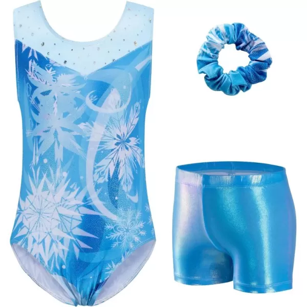 Zaclotre Gymnastics Leotards for Girls Sparkly Ballet Dance Biketards Tumbling Outfit with Matching Shorts SetSnowflake Blue