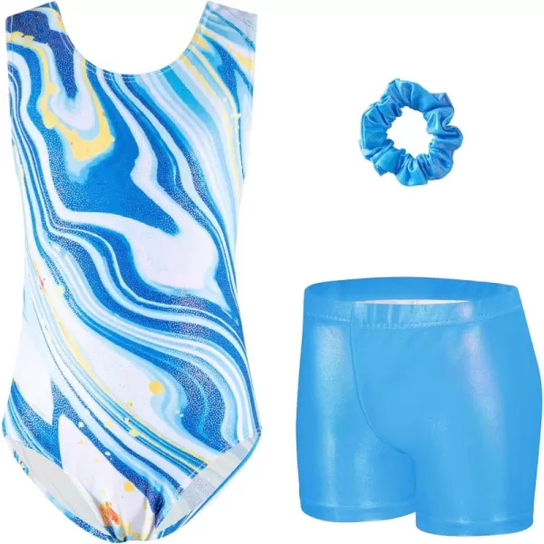 Zaclotre Gymnastics Leotards for Girls Sparkly Sleeveless Dance Unitards Biketards with Gym ShortsBlueYellow Marble