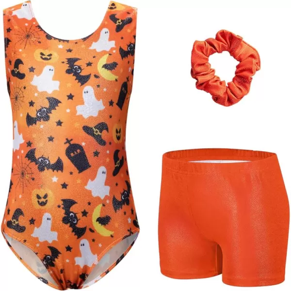 Zaclotre Gymnastics Leotards for Girls Sparkly Sleeveless Dance Unitards Biketards with Gym ShortsOrangehalloween