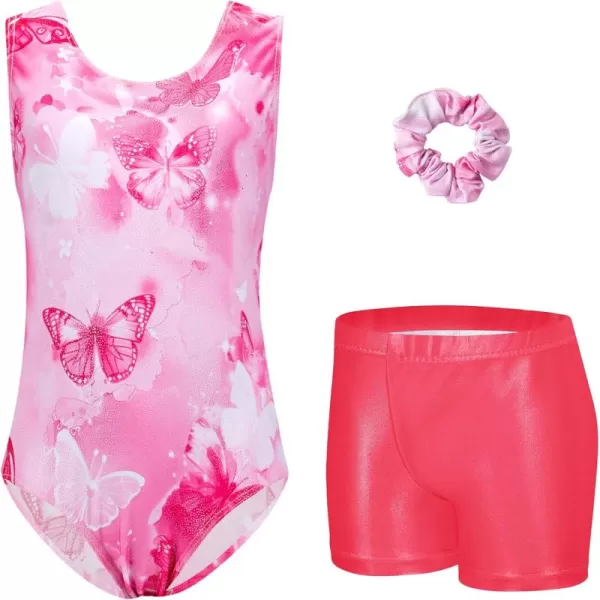 Zaclotre Gymnastics Leotards for Girls Sparkly Sleeveless Dance Unitards Biketards with Gym ShortsPink Butterfly