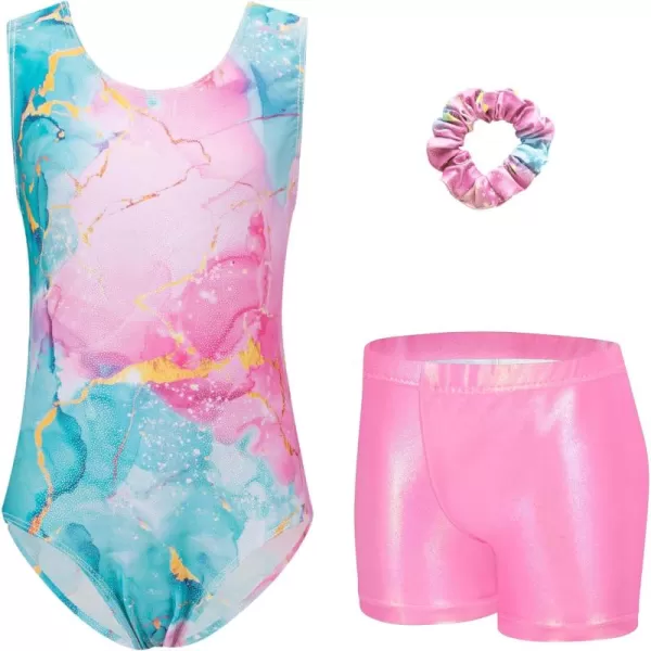 Zaclotre Gymnastics Leotards for Girls Sparkly Sleeveless Dance Unitards Biketards with Gym ShortsPinkGreen Marble