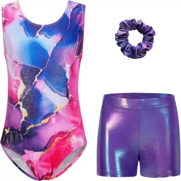 Zaclotre Gymnastics Leotards for Girls Sparkly Sleeveless Dance Unitards Biketards with Gym ShortsPinkPurple Marble