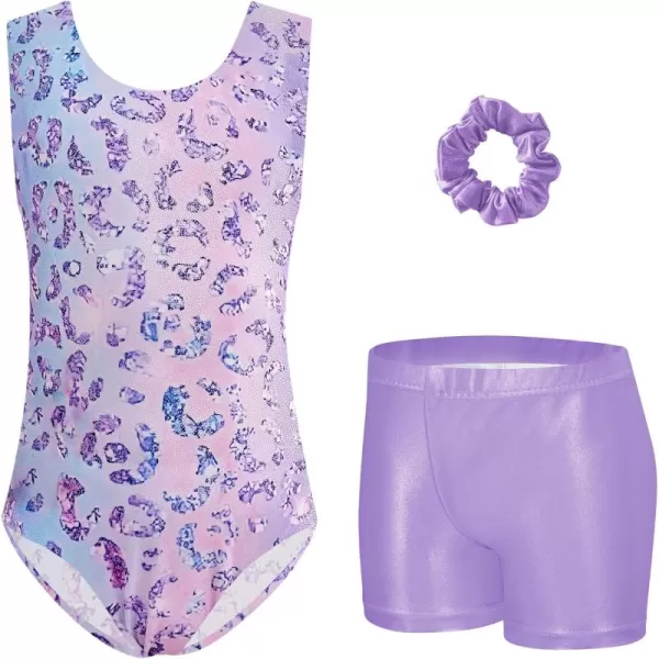 Zaclotre Gymnastics Leotards for Girls Sparkly Sleeveless Dance Unitards Biketards with Gym ShortsPurple Gradient Leopard