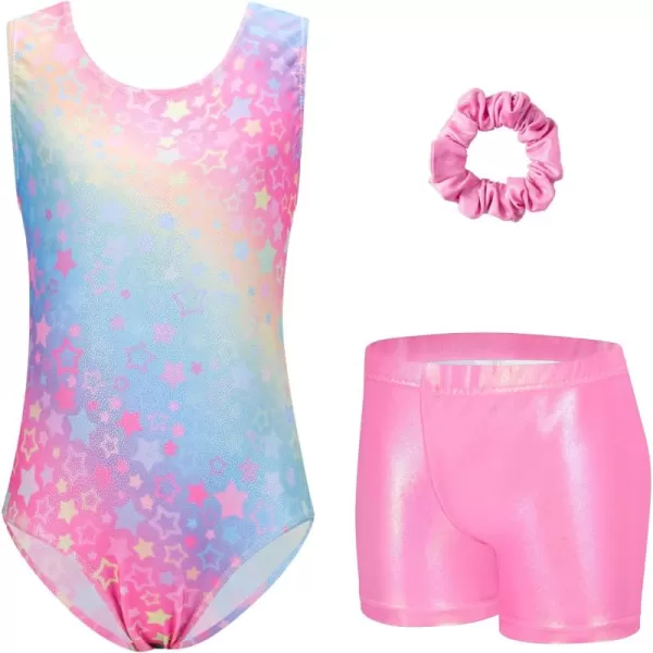 Zaclotre Gymnastics Leotards for Girls Sparkly Sleeveless Dance Unitards Biketards with Gym ShortsRainbow Star
