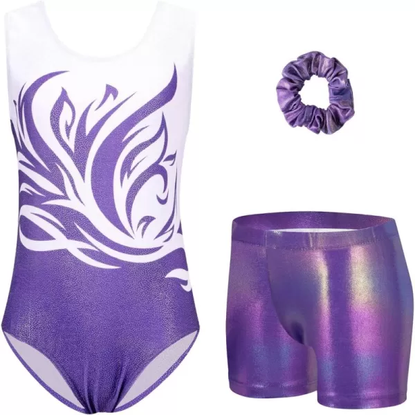 Zaclotre Gymnastics Leotards for Girls Sparkly Sleeveless Dance Unitards Biketards with Gym ShortsWhite Purple Flame