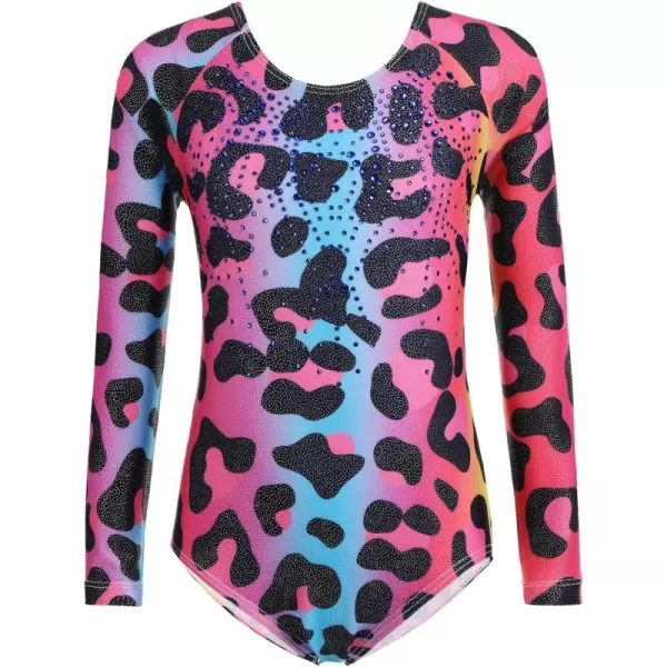 Zaclotre Kid Girls Gymnastic Leotard Long Sleeve Color Gradient Sparkly Ballet Dance One Piece OutfitColorful Leopard