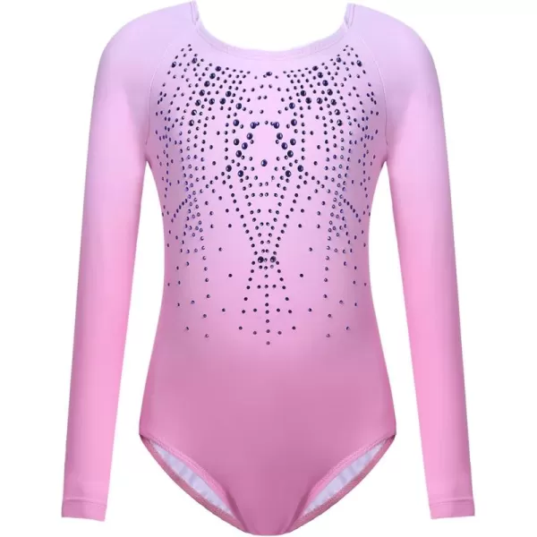 Zaclotre Kid Girls Gymnastic Leotard Long Sleeve Color Gradient Sparkly Ballet Dance One Piece OutfitPink