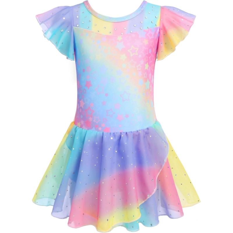 Girls Ballet Leotard With Skirt - 2-Piece Long Sleeve Shiny Sequins Dance Outfit For Ages 3-11