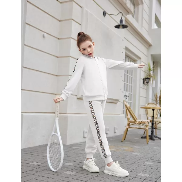 Zaclotre Girls 2 Piece Outfits Sweatsuit Zip Up Hoodie Sweatshirt and Sweatpant Tracksuit Athletic Jogger SetsBeige White