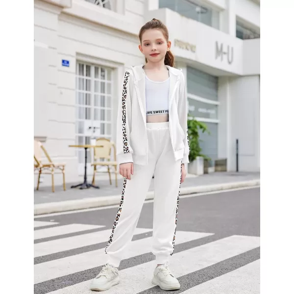 Zaclotre Girls 2 Piece Outfits Sweatsuit Zip Up Hoodie Sweatshirt and Sweatpant Tracksuit Athletic Jogger SetsBeige White