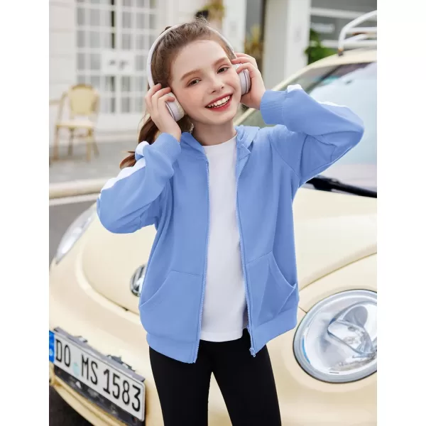 Zaclotre Girls 2 Piece Outfits Sweatsuit Zip Up Hoodie Sweatshirt and Sweatpant Tracksuit Athletic Jogger SetsLight Blue