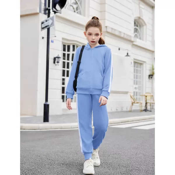 Zaclotre Girls 2 Piece Outfits Sweatsuit Zip Up Hoodie Sweatshirt and Sweatpant Tracksuit Athletic Jogger SetsLight Blue