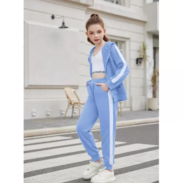 Zaclotre Girls 2 Piece Outfits Sweatsuit Zip Up Hoodie Sweatshirt and Sweatpant Tracksuit Athletic Jogger SetsLight Blue