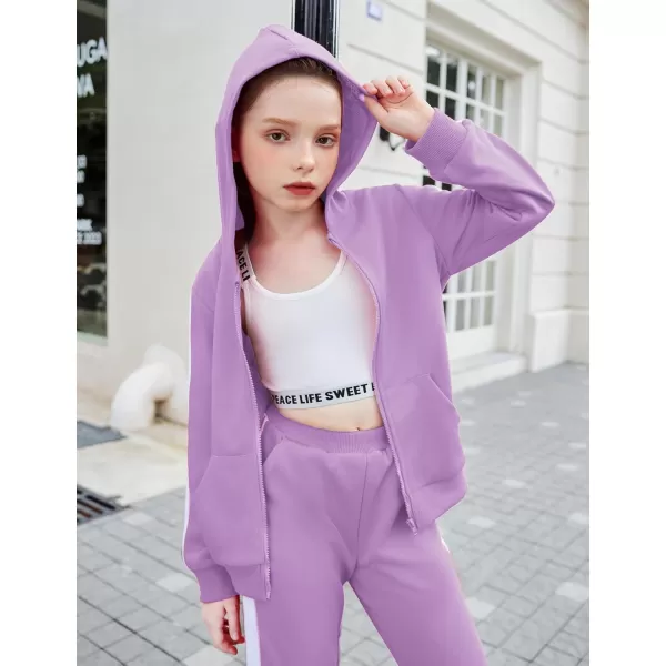 Zaclotre Girls 2 Piece Outfits Sweatsuit Zip Up Hoodie Sweatshirt and Sweatpant Tracksuit Athletic Jogger SetsLight Purple