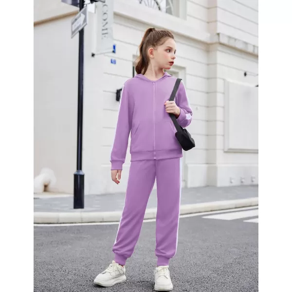 Zaclotre Girls 2 Piece Outfits Sweatsuit Zip Up Hoodie Sweatshirt and Sweatpant Tracksuit Athletic Jogger SetsLight Purple