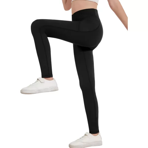 Zaclotre Girls Athletic Leggings Cross High Waisted Yoga Pants for Kids Dance Workout Running Tights with PocketsBlack