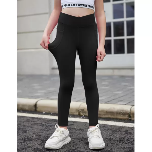Zaclotre Girls Athletic Leggings Cross High Waisted Yoga Pants for Kids Dance Workout Running Tights with PocketsBlack