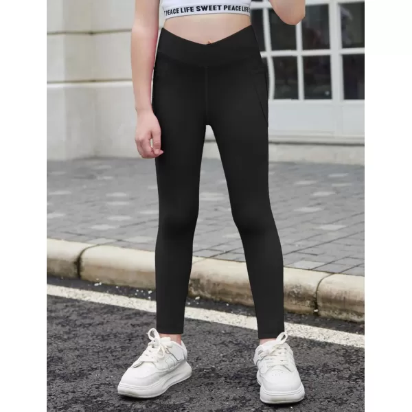 Zaclotre Girls Athletic Leggings Cross High Waisted Yoga Pants for Kids Dance Workout Running Tights with PocketsBlack