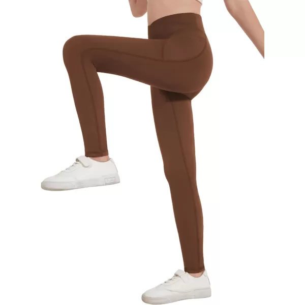 Zaclotre Girls Athletic Leggings Cross High Waisted Yoga Pants for Kids Dance Workout Running Tights with PocketsBrown