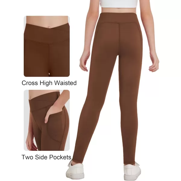 Zaclotre Girls Athletic Leggings Cross High Waisted Yoga Pants for Kids Dance Workout Running Tights with PocketsBrown