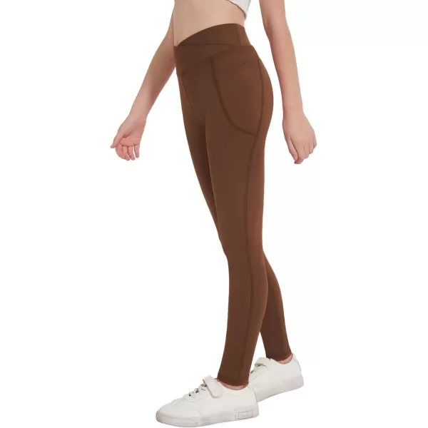 Zaclotre Girls Athletic Leggings Cross High Waisted Yoga Pants for Kids Dance Workout Running Tights with PocketsBrown