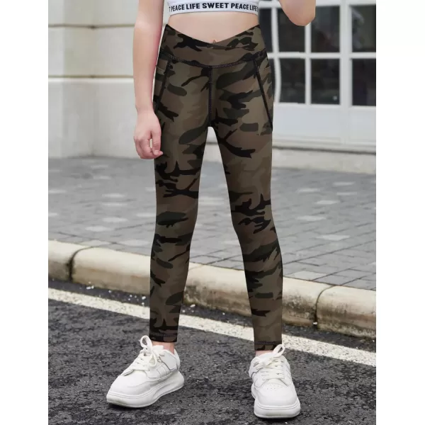 Zaclotre Girls Athletic Leggings Cross High Waisted Yoga Pants for Kids Dance Workout Running Tights with PocketsBrown Camouflage