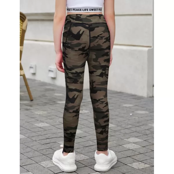 Zaclotre Girls Athletic Leggings Cross High Waisted Yoga Pants for Kids Dance Workout Running Tights with PocketsBrown Camouflage