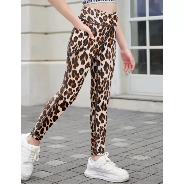 Zaclotre Girls Athletic Leggings Cross High Waisted Yoga Pants for Kids Dance Workout Running Tights with PocketsBrown Leopard