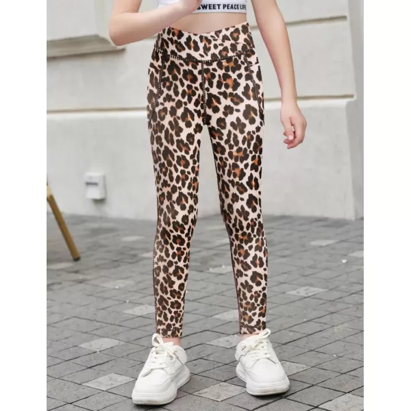 Zaclotre Girls Athletic Leggings Cross High Waisted Yoga Pants for Kids Dance Workout Running Tights with PocketsBrown Leopard