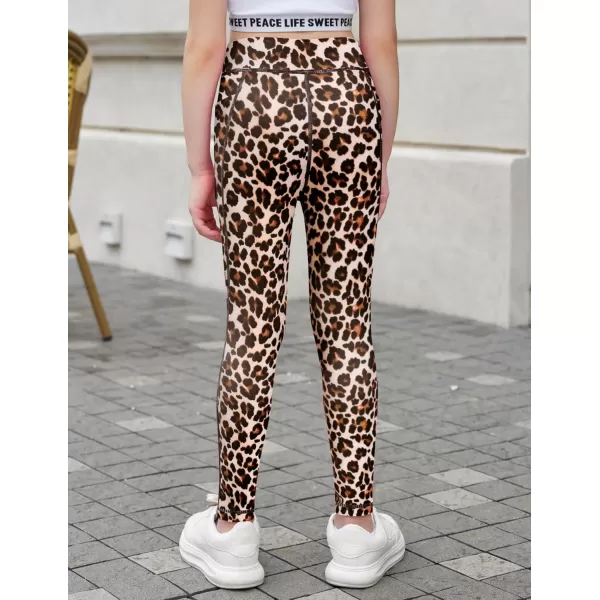 Zaclotre Girls Athletic Leggings Cross High Waisted Yoga Pants for Kids Dance Workout Running Tights with PocketsBrown Leopard