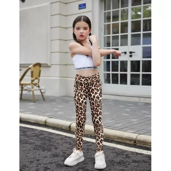 Zaclotre Girls Athletic Leggings Cross High Waisted Yoga Pants for Kids Dance Workout Running Tights with PocketsBrown Leopard