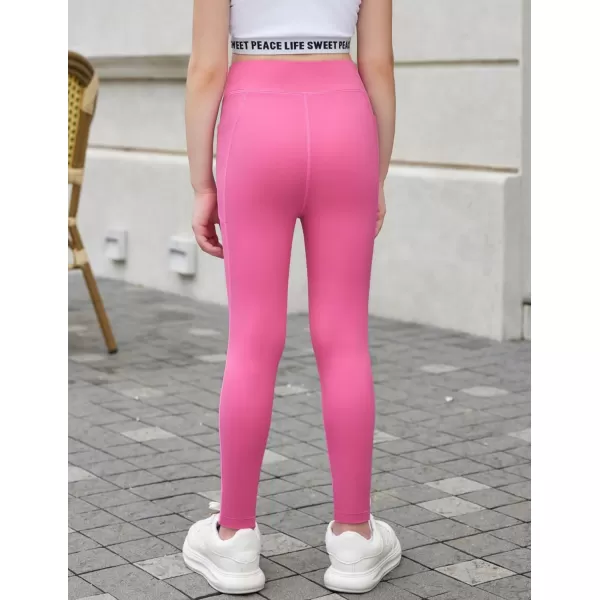 Zaclotre Girls Athletic Leggings Cross High Waisted Yoga Pants for Kids Dance Workout Running Tights with PocketsHot Pink