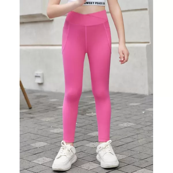 Zaclotre Girls Athletic Leggings Cross High Waisted Yoga Pants for Kids Dance Workout Running Tights with PocketsHot Pink