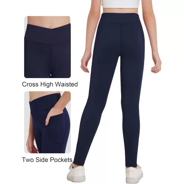 Zaclotre Girls Athletic Leggings Cross High Waisted Yoga Pants for Kids Dance Workout Running Tights with PocketsNavy Blue