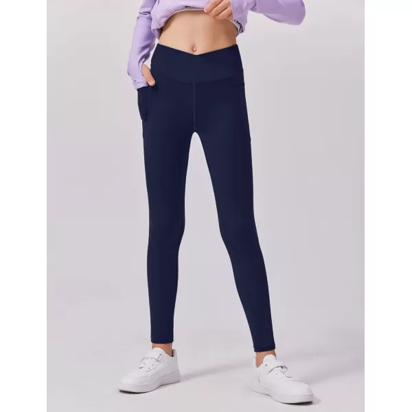 Zaclotre Girls Athletic Leggings Cross High Waisted Yoga Pants for Kids Dance Workout Running Tights with PocketsNavy Blue