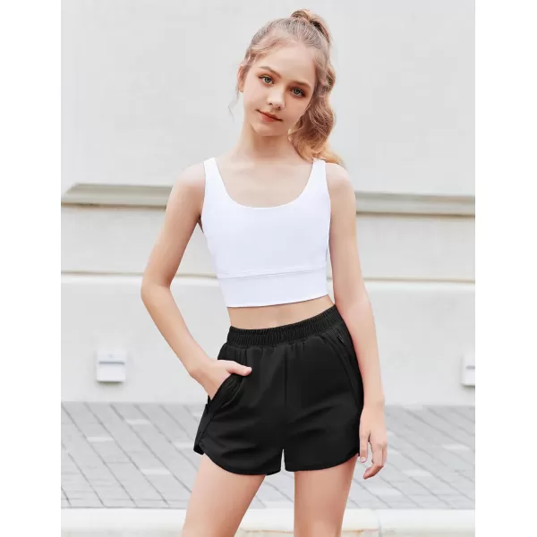Zaclotre Girls Athletic Shorts with Zipper Pockets High Waisted Running Shorts Soccer Gym Sports Active Short for KidsBlack