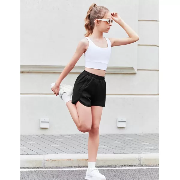 Zaclotre Girls Athletic Shorts with Zipper Pockets High Waisted Running Shorts Soccer Gym Sports Active Short for KidsBlack