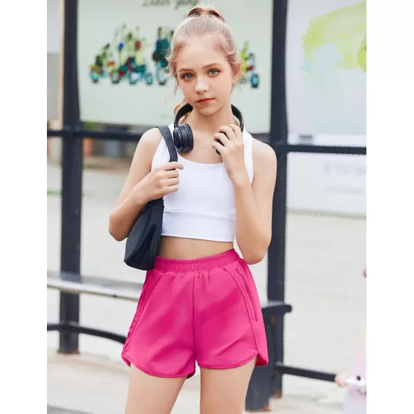 Zaclotre Girls Athletic Shorts with Zipper Pockets High Waisted Running Shorts Soccer Gym Sports Active Short for KidsHot Pink