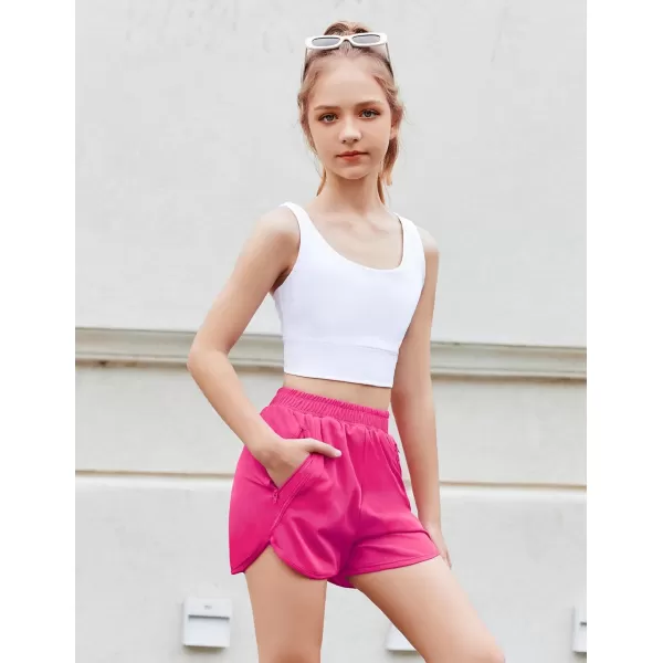 Zaclotre Girls Athletic Shorts with Zipper Pockets High Waisted Running Shorts Soccer Gym Sports Active Short for KidsHot Pink