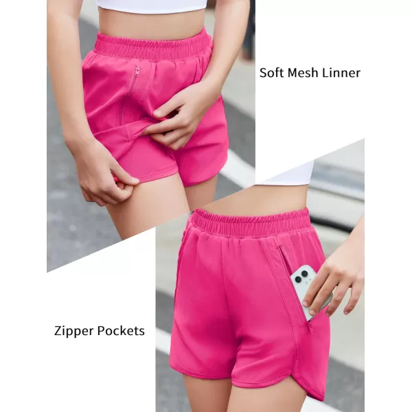 Zaclotre Girls Athletic Shorts with Zipper Pockets High Waisted Running Shorts Soccer Gym Sports Active Short for KidsHot Pink