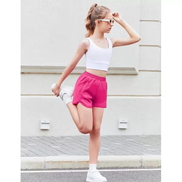Zaclotre Girls Athletic Shorts with Zipper Pockets High Waisted Running Shorts Soccer Gym Sports Active Short for KidsHot Pink