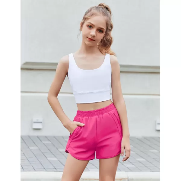 Zaclotre Girls Athletic Shorts with Zipper Pockets High Waisted Running Shorts Soccer Gym Sports Active Short for KidsHot Pink