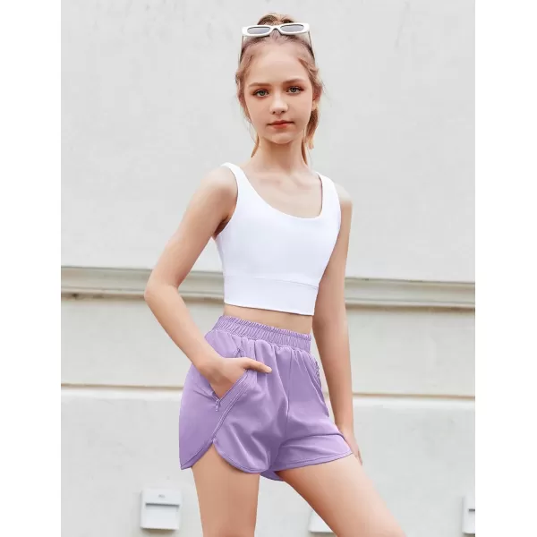 Zaclotre Girls Athletic Shorts with Zipper Pockets High Waisted Running Shorts Soccer Gym Sports Active Short for KidsLavender