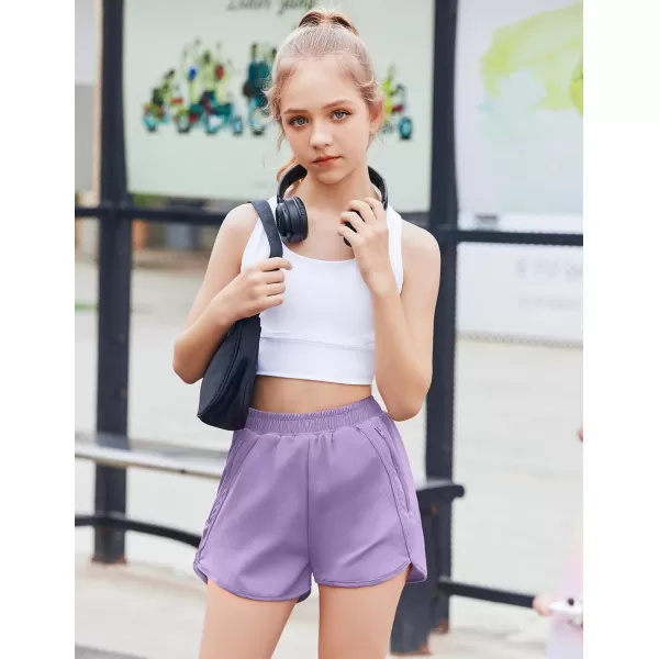Zaclotre Girls Athletic Shorts with Zipper Pockets High Waisted Running Shorts Soccer Gym Sports Active Short for KidsLavender