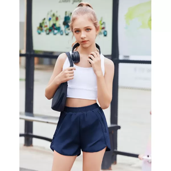 Zaclotre Girls Athletic Shorts with Zipper Pockets High Waisted Running Shorts Soccer Gym Sports Active Short for KidsNavy Blue