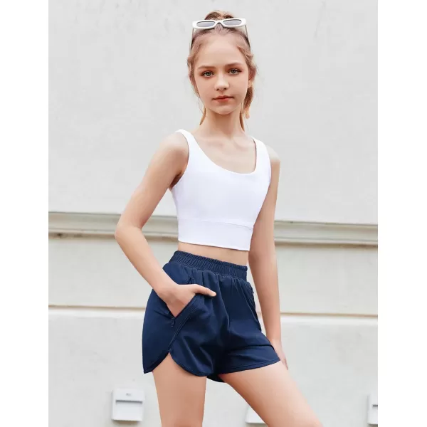 Zaclotre Girls Athletic Shorts with Zipper Pockets High Waisted Running Shorts Soccer Gym Sports Active Short for KidsNavy Blue