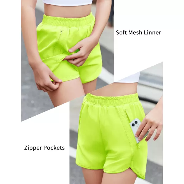 Zaclotre Girls Athletic Shorts with Zipper Pockets High Waisted Running Shorts Soccer Gym Sports Active Short for KidsNeongreen