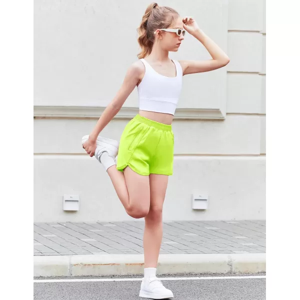 Zaclotre Girls Athletic Shorts with Zipper Pockets High Waisted Running Shorts Soccer Gym Sports Active Short for KidsNeongreen