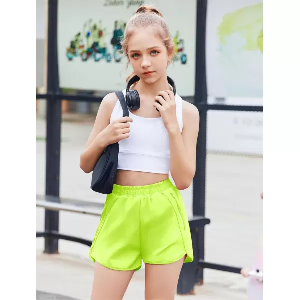Zaclotre Girls Athletic Shorts with Zipper Pockets High Waisted Running Shorts Soccer Gym Sports Active Short for KidsNeongreen