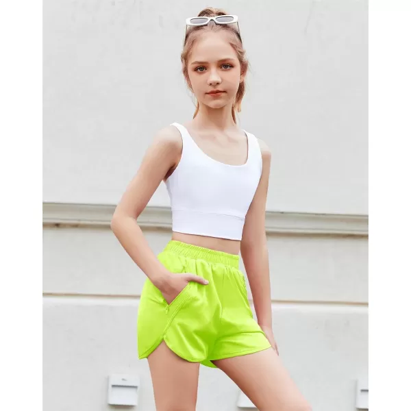 Zaclotre Girls Athletic Shorts with Zipper Pockets High Waisted Running Shorts Soccer Gym Sports Active Short for KidsNeongreen